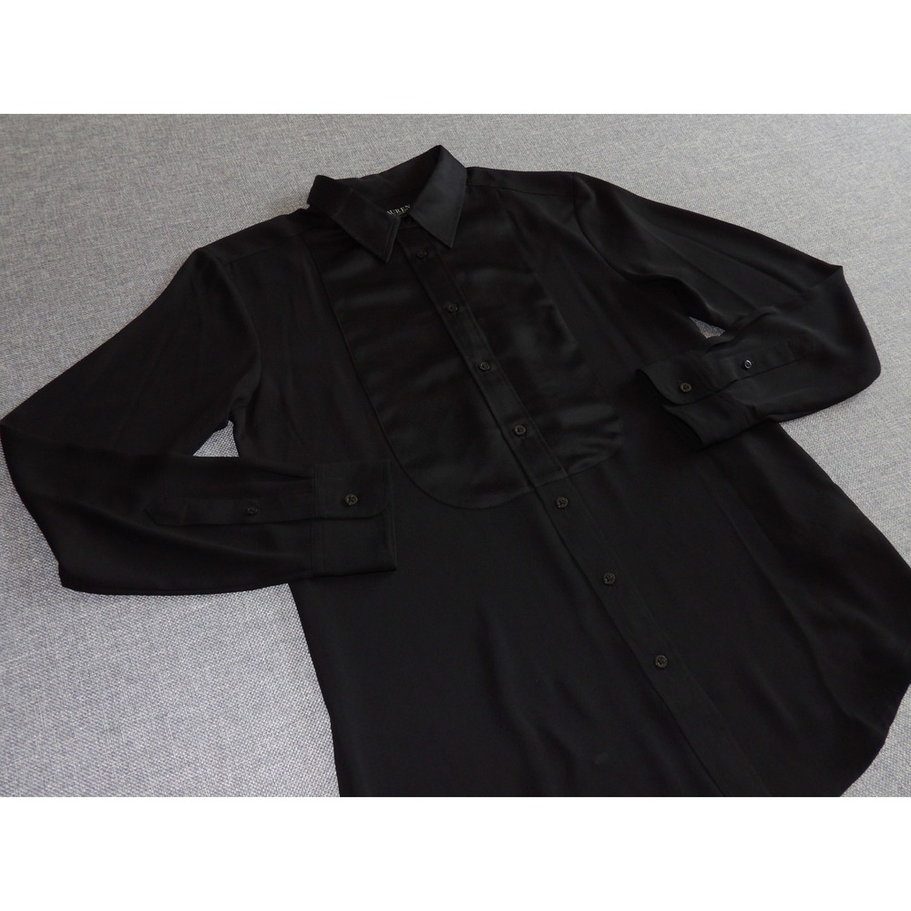 Lauren Ralph Lauren Tuxedo Bib Blouse Women 6 Black Satin Trim Long Sleeve